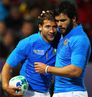 Italy's Tommaso Benvenuti and Luke McLean celebrate another try, Italy v Russia, Rugby World Cup, Trafalgar Park, Nelson, New Zealand, September 20, 2011