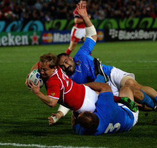 Replacement scrum-half Alexander Yanyushkin scores Russia's first Rugby World Cup try, Italy v Russia, Rugby World Cup, Trafalgar Park, Nelson, New Zealand, September 20, 2011