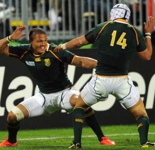 Juan de Jongh celebrates with Gio Aplon after running in his second try in South Africa's rout of Namibia, Namibia v South Africa, Rugby World Cup, North Harbour Stadium, Auckland, New Zealand, September 22, 2011