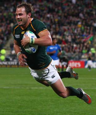 South Africa's Francois Hougaard dives over for the 12th try of the match, Namibia v South Africa, Rugby World Cup, North Harbour Stadium, Auckland, New Zealand, September 22, 2011