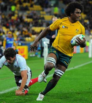 Australia's Radike Samo sprints down the touchline for his score, Australia v USA, Rugby World Cup, Wellington, New Zealand, September 23, 2011