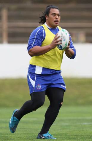 Samoa's Census Johnston looks to shift the ball during training, Western Springs, Auckland, New Zealand, September 21, 2011