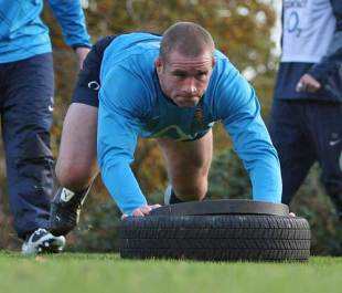 Phil Vickery, the England prop takes part in strength training during the England rugby training at the Pennyhill Park Hotel in Bagshot, England on November 11, 2008.