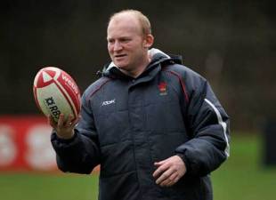 Wales coach Neil Jenkins juggles a ball during Wales Rugby Union Training at Sophia Gardens in Cardiff, Wales on February 7, 2008. 