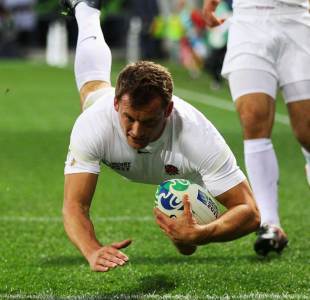 England's Mark Cueto dives over for his first try of the World Cup, England v Romania, Rugby World Cup, Otago Stadium, Dunedin, New Zealand, September 24, 2011