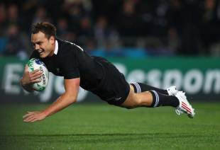 New Zealand's Israel Dagg enjoys the moment as he crosses the whitewash, New Zealand v France, Rugby World Cup, Eden Park, Auckland, New Zealand, September 24, 2011