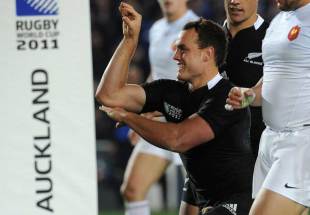 New Zealand's Israel Dagg celebrates his second try, New Zealand v France, Rugby World Cup, Eden Park, Auckland, New Zealand, September 24, 2011