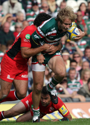Leicester Tigers' Matt Tait charges through the Saracens defence, Leicester Tigers v Saracens, Aviva Premiership, Welford Road, Leicester, England, September 24, 2011