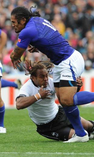 Samoa's Alesana Tuilagi is tackled by Gaby Lovobalavu, Fiji v Samoa, Rugby World Cup, Eden Park, Auckland, New Zealand, September 25, 2011