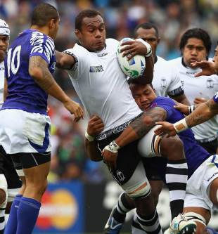 Fiji's Leona Nakarawa is halted in his tracks, Fiji v Samoa, Rugby World Cup, Eden Park, Auckland, New Zealand, September 25, 2011