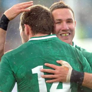 Ireland's Paddy Wallace rewards try-scorer Fergus McFadden with a hug, Ireland v Russia, Rugby World Cup, Rotorua International Stadium, New Zealand, September 25, 2011