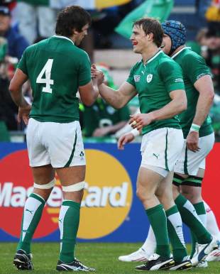 Ireland's Andrew Trimble receives the plaudits for his try, Ireland v Russia, Rugby World Cup, Rotorua International Stadium, New Zealand, September 25, 2011
