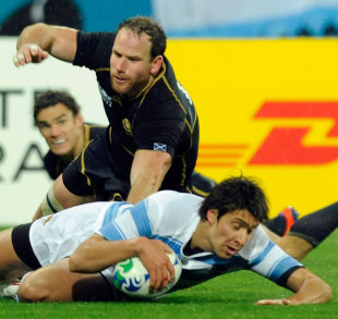 Argentina's Lucas Amorosino slides in to score the vital try, Argentina v Scotland, Rugby World Cup, Wellington, New Zealand, September 25, 2011
