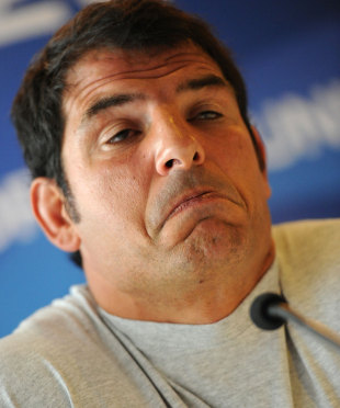 France head coach Marc Lievremont shrugs his shoulders in response to a journalist's question, France press conference, Rugby World Cup, Auckland, New Zealand, September 25, 2011