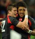 Wales' Scott Williams and Toby Faletau celebrate another try against Namibia