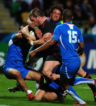 Wales' Gethin Jenkins charges towards the line