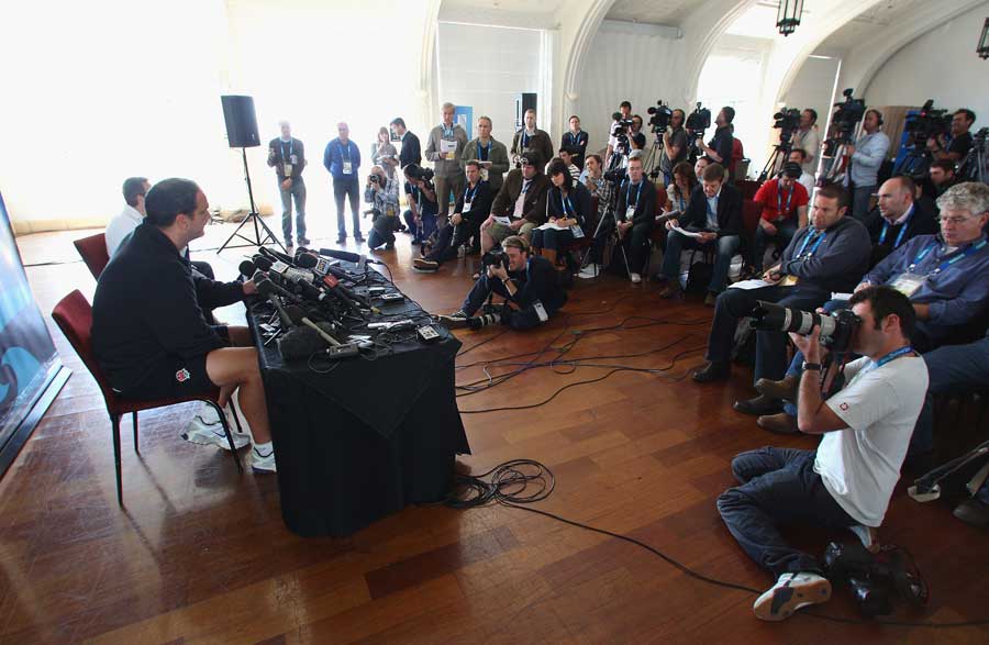 England's Martin Johnson fields questions from the floor during a media session