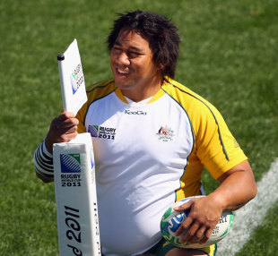 The Wallabies' Salesi Ma'afu gets acquainted with the corner flag, Australia training session, Rugby World Cup, Trafalgar Park, nelson, September 30, 2011