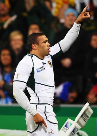 South Africa's Bryan Habana celebrates his opening score of the match, Samoa v South Africa, Rugby World Cup, North Harbour Stadium, Auckland, New Zealand, September 30, 2011