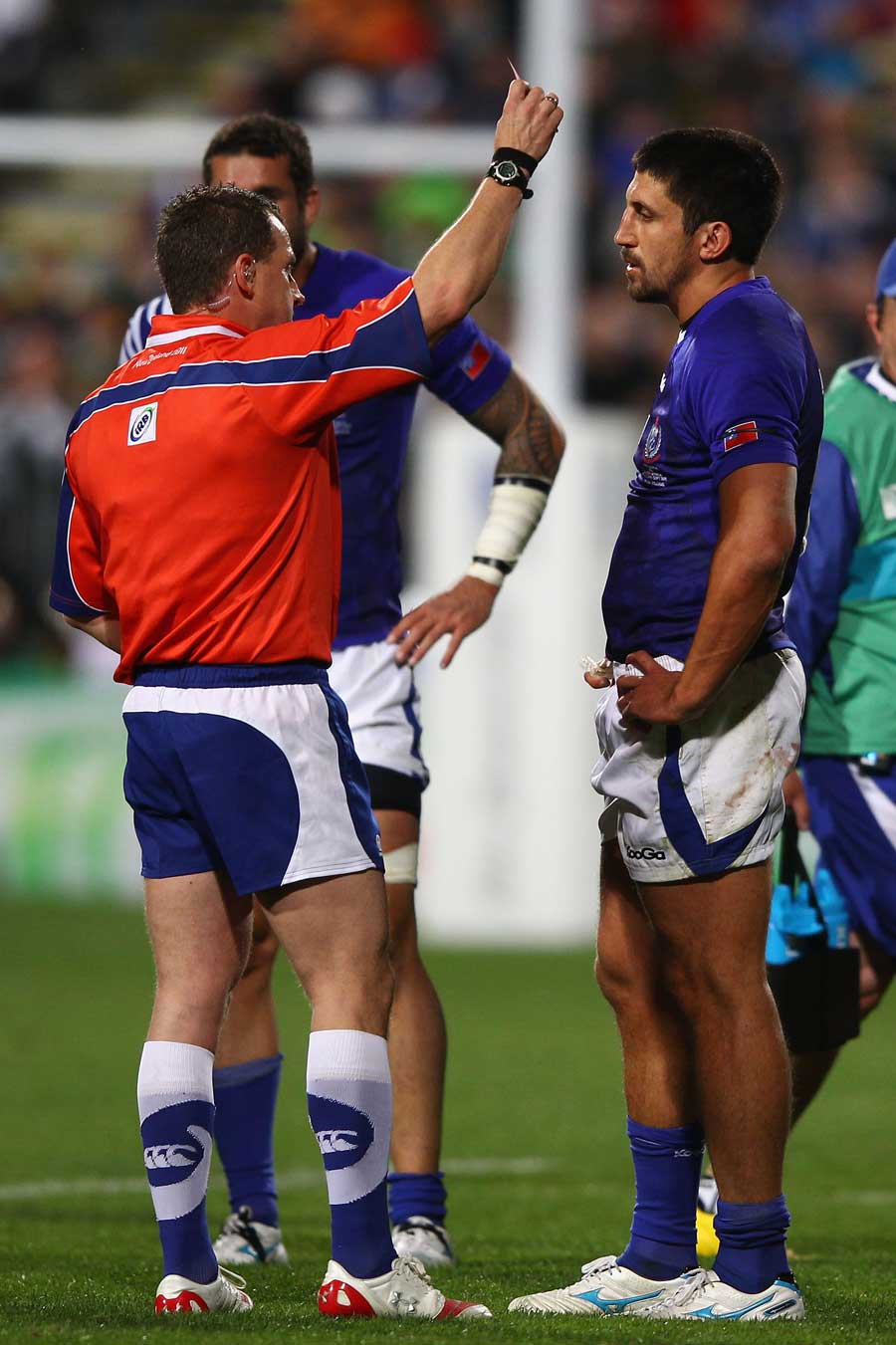 Samoa's Paul Williams receives his red card