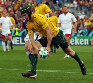 Australia's Berrick Barnes crosses for the first try of the match, Australia v Russia, Rugby World Cup, Trafalgar Park, Nelson, October 1, 2011