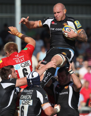 Exeter's James Scaysbrook collects the lineout ball, Exeter Chiefs v Saracens, Aviva Premiership, Sandy Park, Exeter, England, October 1, 2011