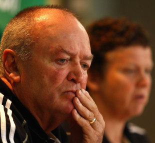 All Blacks boss Graham Henry is predictably downcast as team doctor Deb Robinson confirms Dan Carter's World Cup is over, New Zealand press conference, Rugby World Cup, InterContinental Hotel, Wellington, New Zealand, October 2, 2011