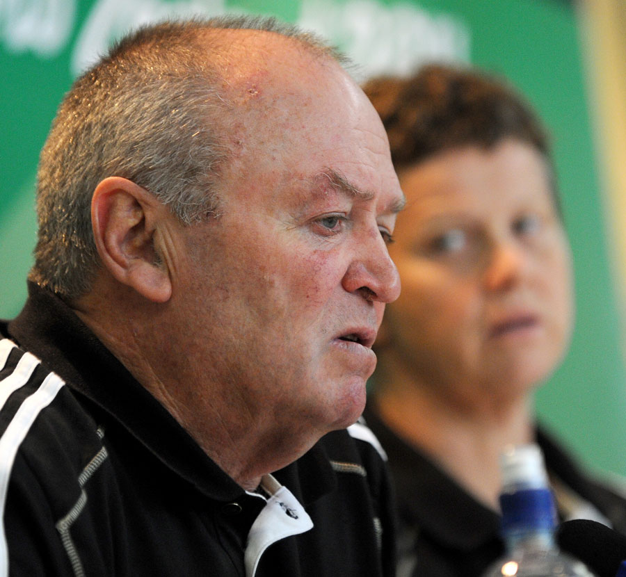 Graham Henry faces the media as team doctor Deb Robinson looks on