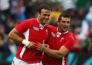 Wales' Huw Bennett congratulates Jamie Roberts on his try, Fiji v Wales, Rugby World Cup, Waikato Stadium, Taranaki, New Zealand, October 2, 2011