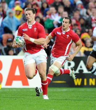 Wales' George North sprints away for the third try of the match, Fiji v Wales, Rugby World Cup, Waikato Stadium, Taranaki, New Zealand, October 2, 2011