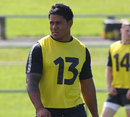 England centre Manu Tuilagi looks deep in thought during an England training session