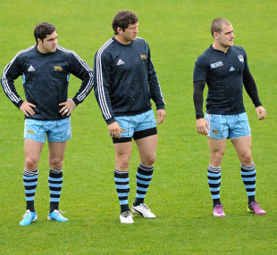 Pumas trio Horacio Agulla, Genaro Fessia and Nicolas Sanchez take instructions during training, Argentina training session, Rugby World Cup, Auckland, New Zealand, October 5, 2011
