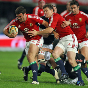The Lions' Jamie Roberts and Brian O'Driscoll power through the Sharks' defence, Sharks v British & Irish Lions, Absa Stadium, Durban, South Africa, June 10, 2009