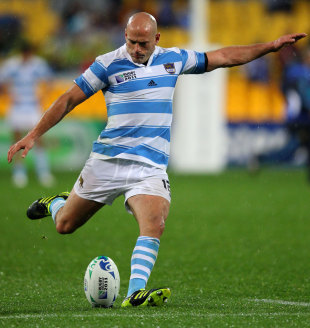 Argentina's Felipe Contepomi converts the only try of the game against Scotland at Wellington Regional Stadium, Wellington, New Zealand, September 25, 2011 