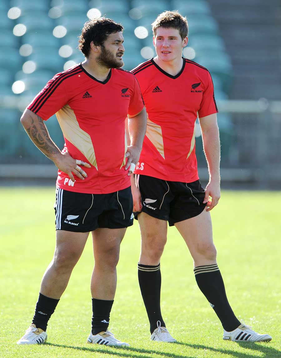 New Zealand half-backs Piri Weepu and Colin Slade plan their attack