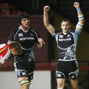 Glasgow's Tom Ryder with Tommy Seymour celebrate the 24-19 win over the Newport Gwent Dragons