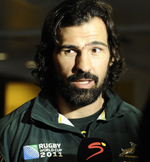 South African Springbok's vice-captain Victor Matfield speaks at a press conference in Wellington, New Zealand, October 3, 2011 
