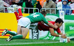 Wales scrum-half Mike Phillips dives in to score, Ireland v Wales, Rugby World Cup quarter-final, Wellington Regional Stadium, Wellington, New Zealand, October 8, 2011