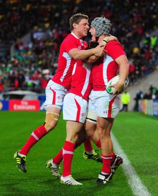 Wales celebrate Jonathan Davies' try, Ireland v Wales, Rugby World Cup quarter-final, Wellington Regional Stadium, Wellington, New Zealand, October 8, 2011