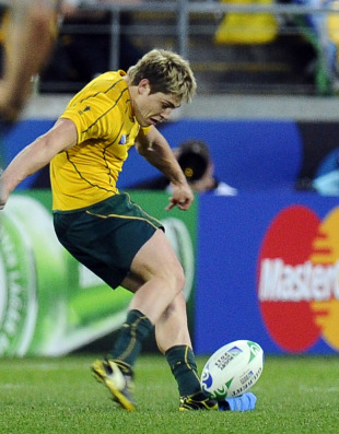 Australia's James O'Connor kicks for goal, Australia v South Africa, Rugby World Cup quarter-final, Wellington Regional Stadium, Wellington, New Zealand, October 9, 2011