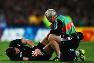 New Zealand's Colin Slade receives treatment, New Zealand v Argentina, Rugby World Cup quarter-final, Eden Park, Auckland, New Zealand, October 9, 2011