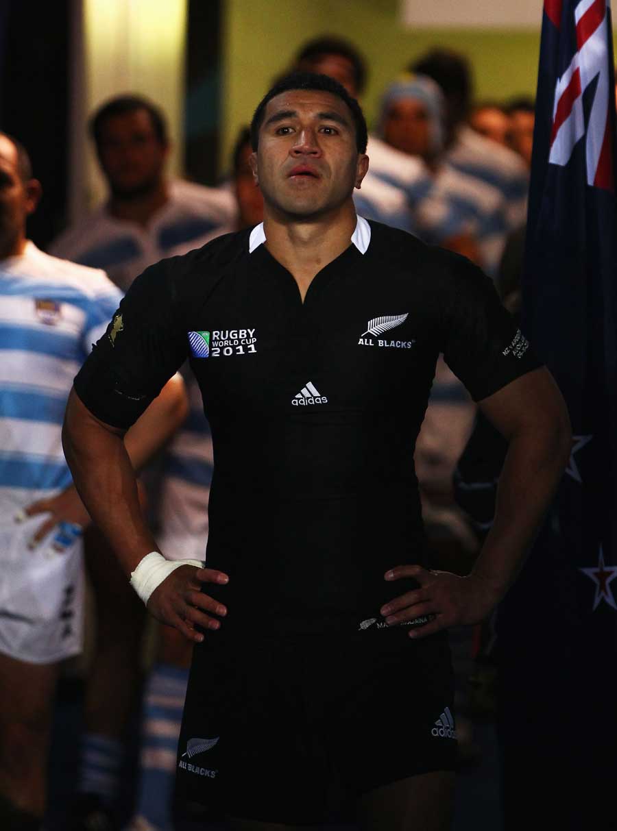 New Zealand's Mils Muliaina prepares to take to the field for his 100th cap