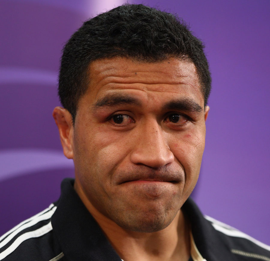 All Blacks' Mils Muliaina talks to the press after being ruled out of the World Cup