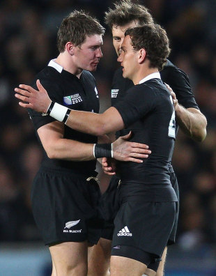 New Zealand's Colin Slade shares a word with team-mate Aaron Cruden, New Zealand v Argentina, Rugby World Cup Quarter-Final, Eden Park, Auckland, New Zealand, October 9, 2011