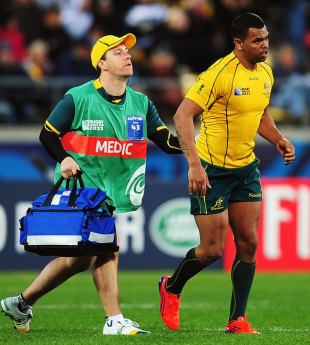 Australia's Kurtley Beale receives medical attention during quarter-final against South Africa, Wellington Regional Stadium in Wellington, New Zealand, October 9, 2011