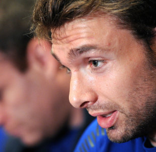 France wing Vincent Clerc addresses the media during a press conference in Auckland, New Zealand, October 12, 2011