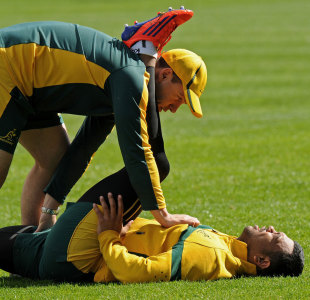 Australia's Kurtley Beale receives treatment during training, North Harbour Stadium, Auckland, New Zealand, October 14, 2011