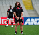 Wales prop Adam Jones enjoys a joke during training