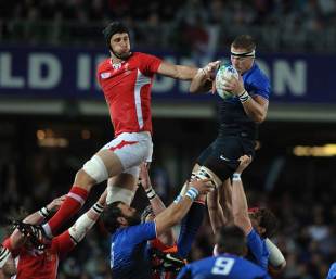 Wales lock Luke Charteris challenges Imanol Harinordoquy for a lineout, Wales v France, Rugby World Cup semi-final, Eden Park, Auckland, New Zealand, October 15, 2011