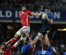Wales lock Luke Charteris challenges Imanol Harinordoquy for a lineout